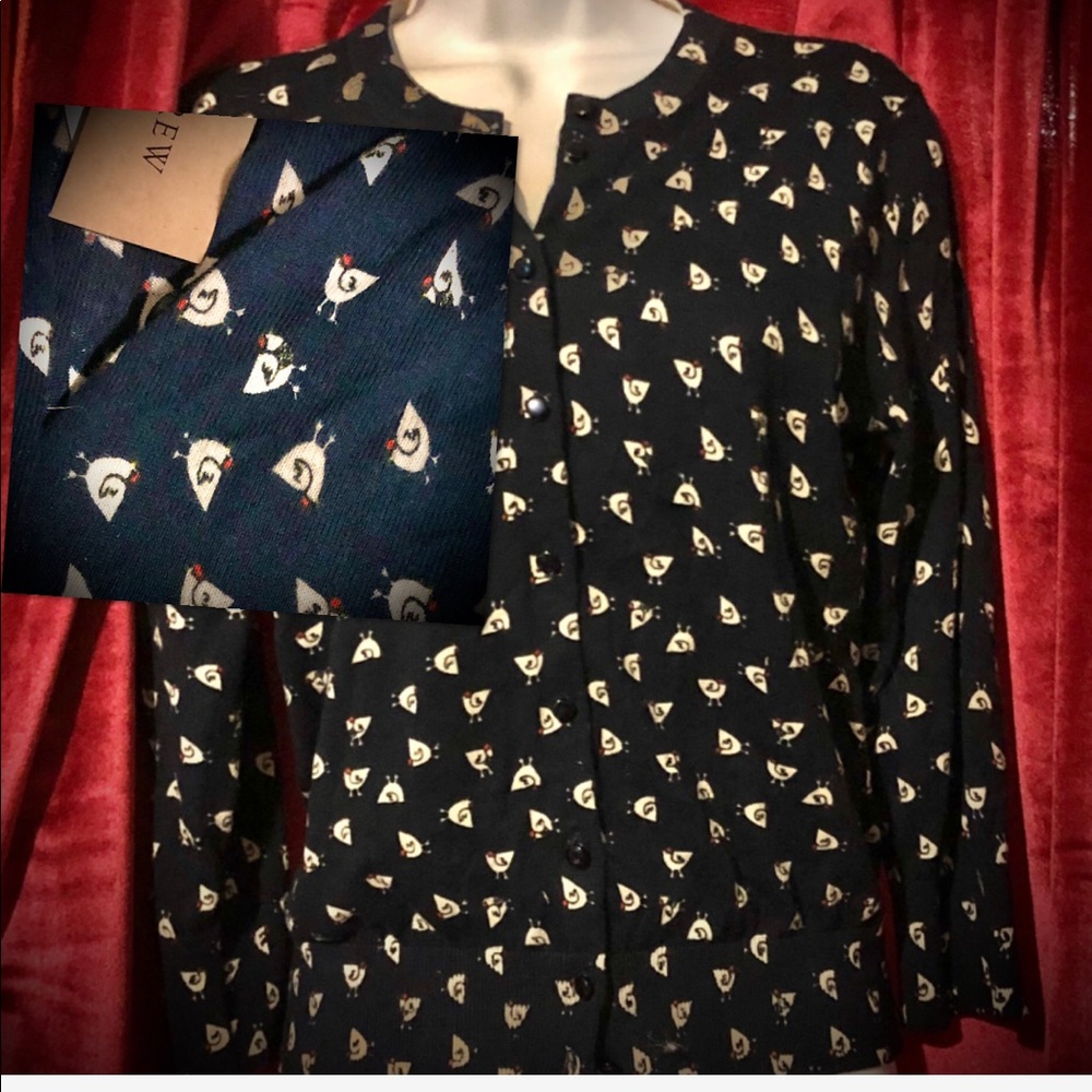 JCrew Special Handprinted (Hens) Navy Cardigan. M